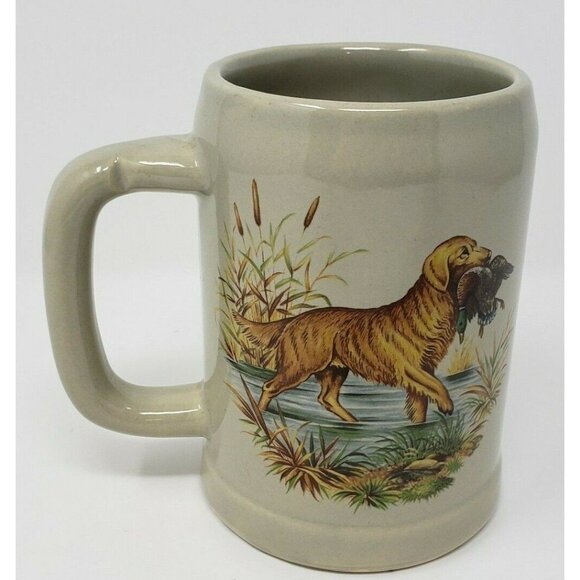 McCoy Coffee Mug Golden Retriever Dog Fetching Duck Stoneware Pottery 5 inch - Picture 1 of 6
